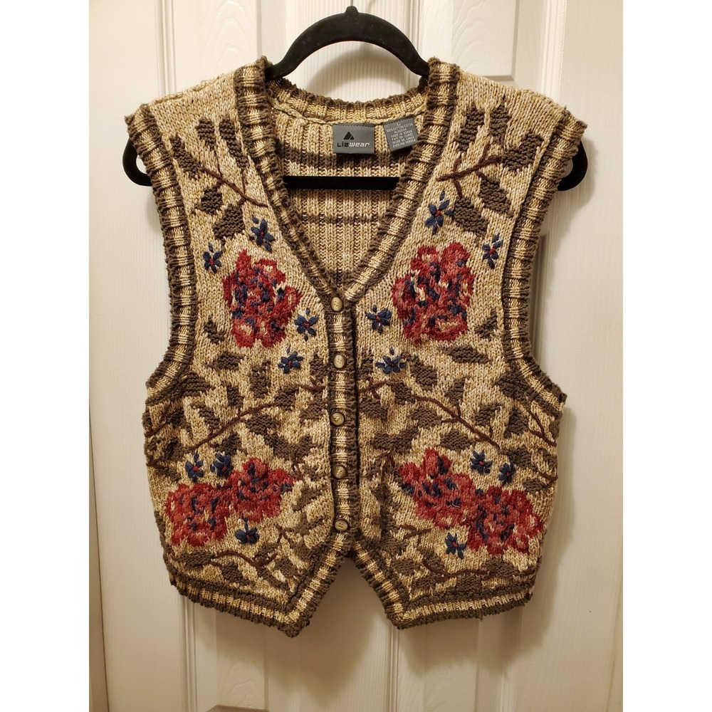 Liz‎ Wear Sweater Vest Floral Sz L Grandma Cottage Core Cable Knit fall garden